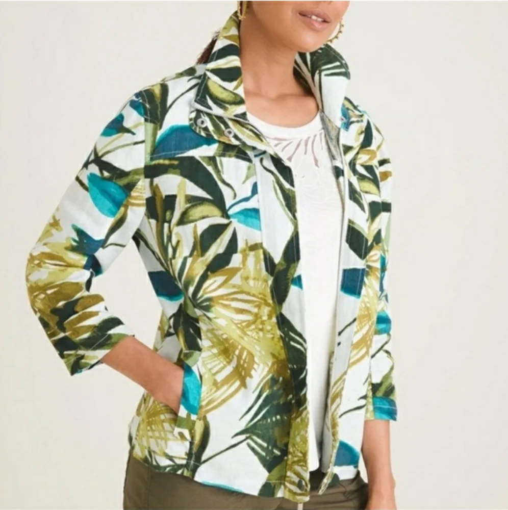 Chico's Size 3 US 16 / 18 Tropical Print Jacket 100% Linen 3/4 Sleeve Multi